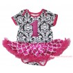 Damask Baby Bodysuit Hot Pink White Quatrefoil Clover Pettiskirt & 1st Sparkle Hot Pink Birthday Number Print JS4582